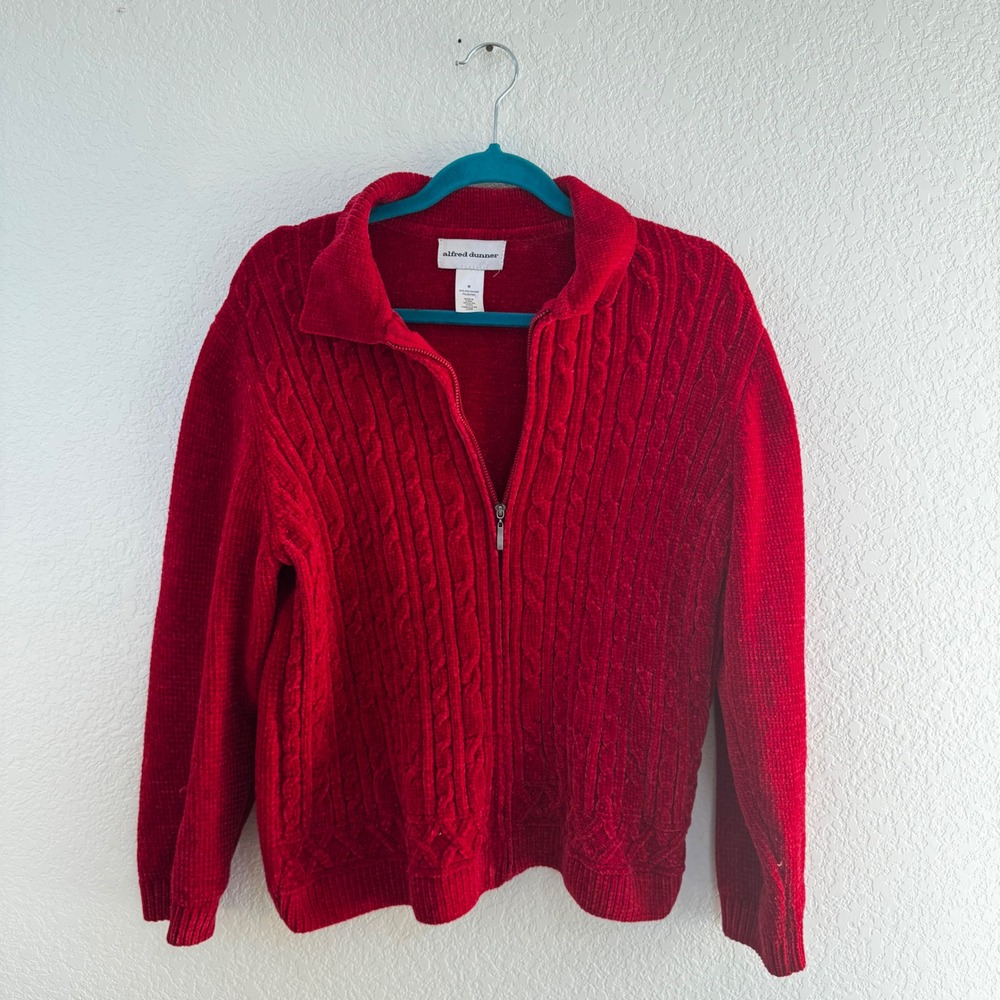 Alfred Dunner Womens Red Cable Knit Zip Up Sweater Size‎ M